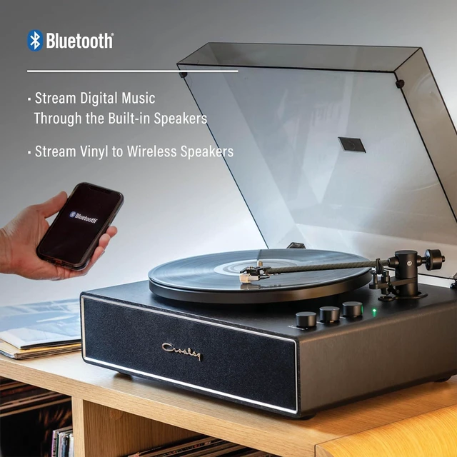 Alt view image 7 of 7 - Crosley CR6046A-BKSL Stave Record Player, 2-Speed Turntable, Bass/Treble Control