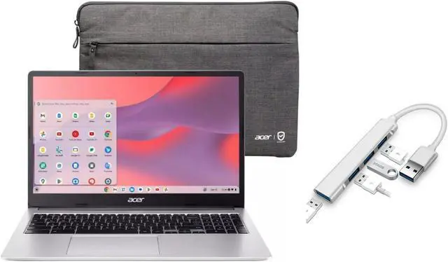 Main image of Acer Chromebook 315 15.6 HD Laptop | Intel Pentium N6000 1.1GHz|Intel UHD Graphics | 720p webcam | Sleeve | Silver | 4GB RAM | 128GB SSD | Chrome OS | Bundle with USB 3.0 Hub