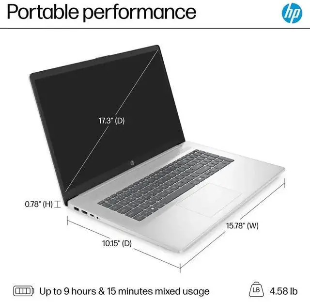 Alt view image 6 of 6 - HP 17.3" Full HD Laptop |AMD Ryzen 5 7520U(Beat i5-1155G7)|AMD Radeon graphics|Webcam |Copilot|Silver| 8GB RAM DDR5 | 2TB SSD |Windows 11 Home |Bundle with USB 3.0 Hub
