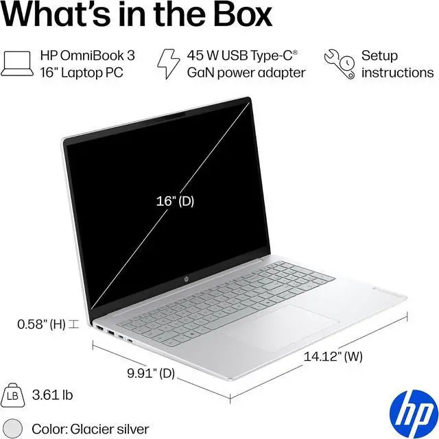 Alt view image 5 of 5 - HP OmniBook 3 16" WUXGA Touchscreen Laptop |AMD Ryzen 5 40|AMD Radeon 610M|Copilot|Silver| 8GB RAM DDR5 | 256GB SSD |Windows 11 Home |Bundle with Stylus Pen