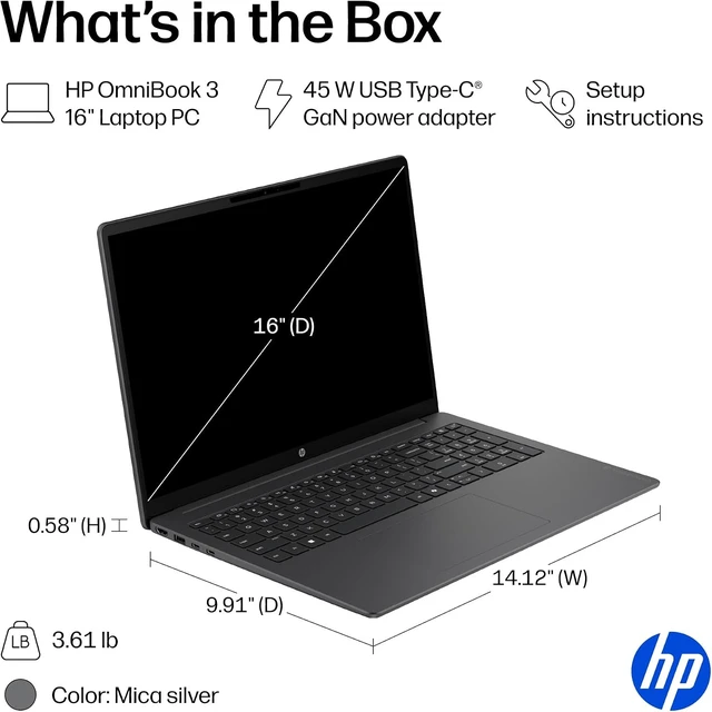Alt view image 5 of 5 - HP OmniBook 3 16 inch WUXGA touch Laptop PC|AMD Ryzen 3 30|AMD Radeon 610M GPU|Webcam|Mica Silver| 8GB RAM DDR5 | 512GB SSD |Windows 11 Home |Bundle with Stylus Pen
