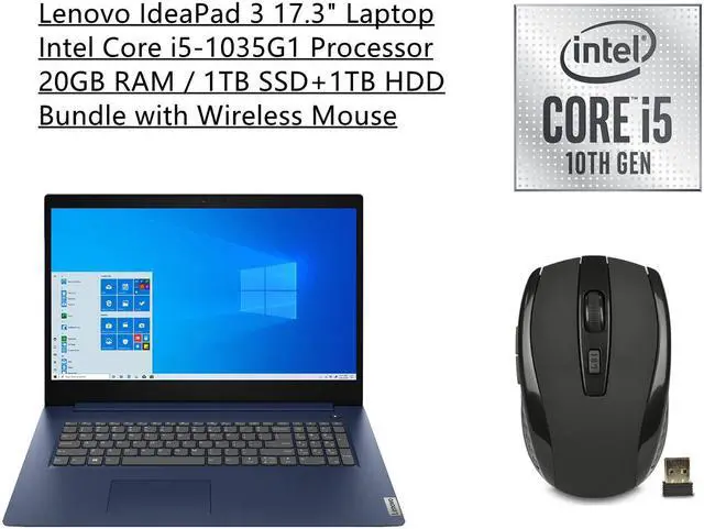 Main image of Lenovo IdeaPad 3 17.3 HD+ Energy-efficient LED Laptop | Intel Core i5-1035G1 Quad-Core Processor | 20GB RAM | 1TB SSD+1TB HDD | Windows 10 Home in S Mode | Bundle with Wireless Mouse