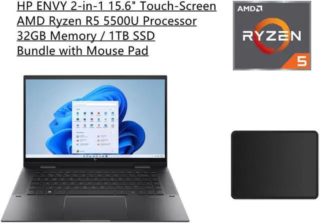 Main image of HP ENVY 2-in-1 15.6" Touch-Screen Laptop | AMD Ryzen 5 5500U Processor | 32GB Memory | 1TB SSD | Backlit Keyboard | Fingerprint Reader | Windows 11 Home | Nightfall Black | Bundle with Mouse Pad