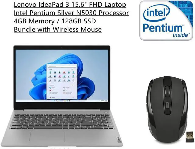 Main image of Lenovo IdeaPad 3 15.6" FHD Anti-Glare Laptop | Intel Pentium Silver N5030 Processor | 4GB RAM | 128GB SSD | Intel UHD Graphics | Office 365 | Windows 11 Home S Mode | Bundle with Wireless Mouse