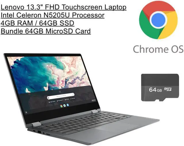 Main image of Lenovo Flex 5 13.3" FHD Touchscreen Chromebook 2-in-1 Laptop | Intel Celeron N5205U Processor | 4GB RAM | 64GB SSD | Chrome OS | Bundle with 64GB MicroSD Card