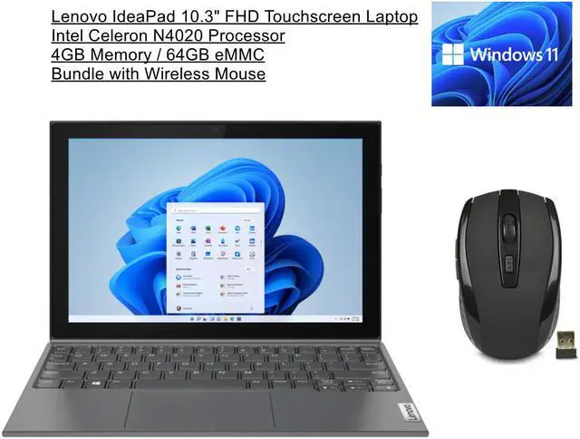 Main image of Lenovo IdeaPad 10.3" FHD Touchscreen Tablet | Intel Celeron N4020 Processor | 4GB Memory| 64GB eMMC | Windows 11 in S Mode | Keyboard | Bundle with Wireless Mouse