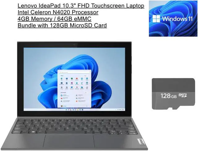 Main image of Lenovo IdeaPad 10.3" FHD Touchscreen Tablet | Intel Celeron N4020 Processor | 4GB Memory| 64GB eMMC | Windows 11 in S Mode | Keyboard| Bundle with 128GB MicroSD Card