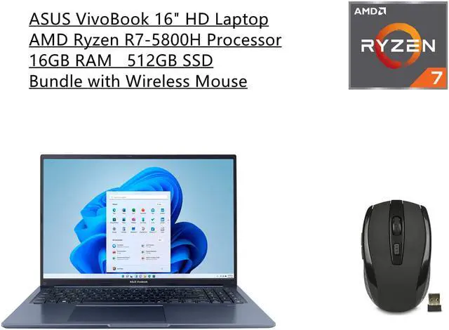 Main image of ASUS VivoBook 16" HD Energy-efficient LED Laptop | AMD Ryzen R7-5800H Processor | 16GB RAM | 512GB SSD | AMD Radeon Graphics | Windows 11 | Blue | Bundle with Wireless Mouse