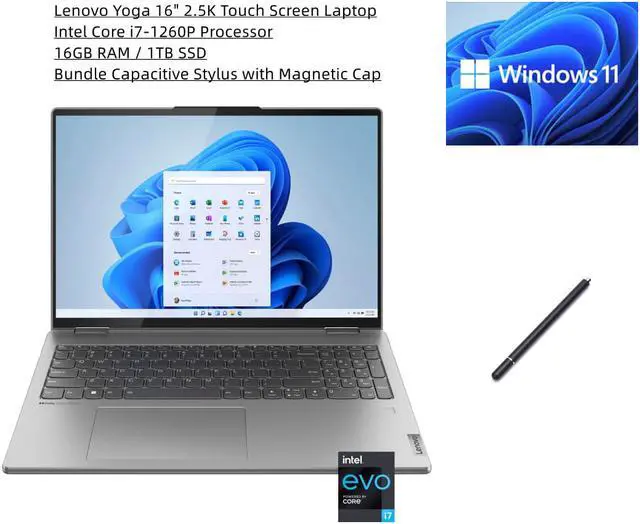 Main image of Lenovo Yoga 7i 2-in-1 16" 2.5K Touch Screen Laptop | Intel Core i7-1260P Processor | 16GB RAM | 1TB SSD | Backlit Keyboard | Fingerprint | Windows 11 Home | Bundle Capacitive Stylus with Magnetic