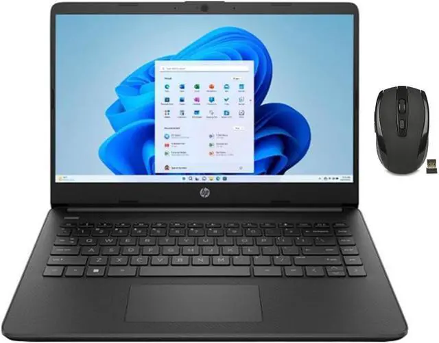 Main image of HP 14" HD Laptop | Quad-core Intel Celeron processor | Intel UHD Graphics| HDMI 1.4 | Jet Black | 8GB RAM | 128GB SSD | Windows 11 S | Bundle with Wireless Mouse
