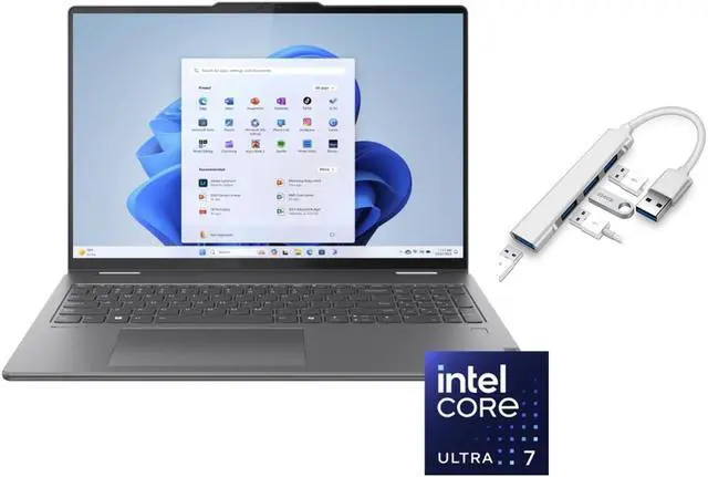 Main image of Lenov Yoga 2 IN 1 16" 2K Touchscreen Laptop | Intel Core Ultra 7 155U | Intel HD Graphics | Backlit | Fingerprint | 16GB RAM DDR5 | 1024GB SSD | Windows 11 Home | Bundle with USB 3.0 Hub