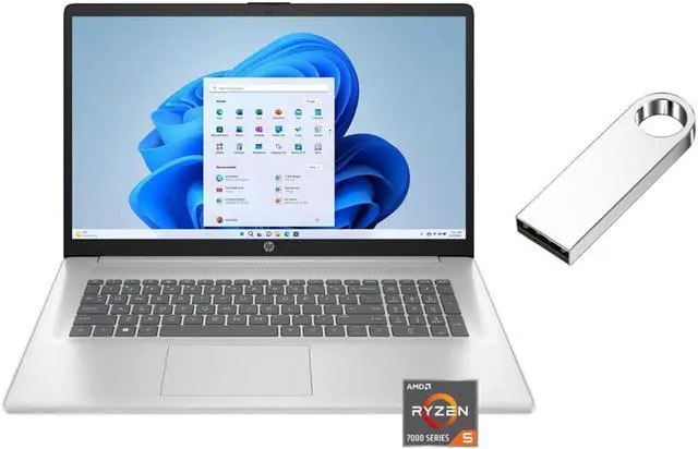 Main image of HP 17.3 inch 1920 x 1080 (Full HD) Laptop | AMD Ryzen 5 7430U(Beat i7-1255U) | AMD Radeon graphics | HDMI|Silver| 32GB RAM | 512GB SSD | Windows 11 S | Bundle with 64GB USB Flash Drive