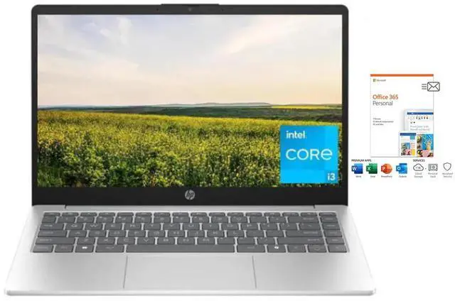 Main image of HP 14 inch Laptop HD Display| Intel Core i3-N305 Processor| Intel UHD Graphics| Webcam|Copilot|Silver|  8GB RAM  | 1024GB SSD  | Windows 11 S | Bundle with Office 365