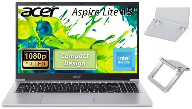 Main image of Acer Aspire Lite 15 Laptop 15.6" FHD IPS|Intel Core 3 Series 1 N350|Integrated Graphics| Silver|Copilot AI| 8GB RAM | 128GB SSD |Windows 11 Pro |Bundle with Laptop Stand