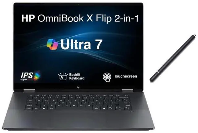 Main image of HP OmniBook X Flip Copilot+ PC 16 WUXGA 2-in-1 Touchscreen Laptop|Intel Core Ultra 7 256V|Intel Arc 140V Graphics|Backlit| 16GB RAM DDR5 | 2TB SSD |Windows 11 Home |Bundle with Stylus Pen