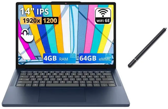 Main image of Lenovo IdeaPad Slim Chromebook 14" WUXGA Touchscreen Laptop|MediaTek Kompanio 540|Integrated Graphics|Webcam|Blue| 4GB RAM | 64GB SSD |Chrome OS |Bundle with Stylus Pen
