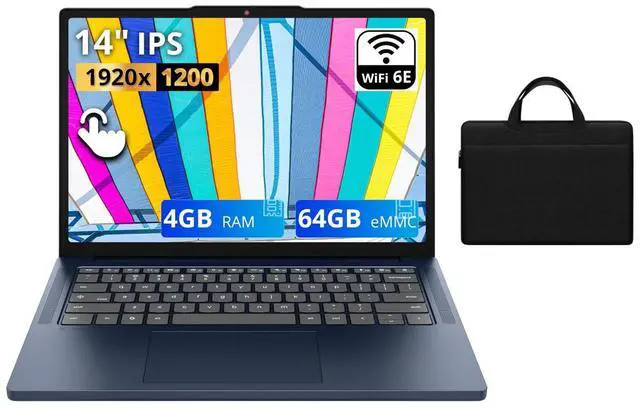 Main image of Lenovo IdeaPad Slim Chromebook 14" WUXGA Touchscreen Laptop|MediaTek Kompanio 540|Integrated Graphics|Webcam|Blue| 4GB RAM | 64GB SSD |Chrome OS |Bundle with Black Bag