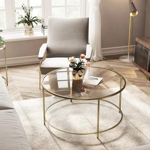 Alt view image 4 of 4 - ViscoLogic Regal Mid-Century Elegant Round Clear Glass Table, Metal Frame Coffee/Center Table For Your Living Room, Bedroom (Golden Color)