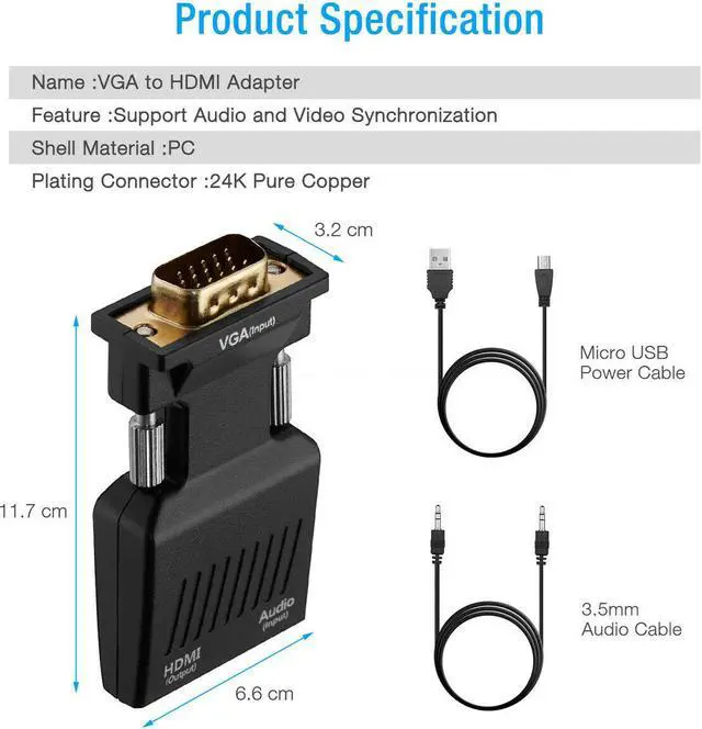 Alt view image 3 of 6 - VGA Male to HDMI Female Adapter Video HD 1080P Audio Converter Lot For PC Laptop