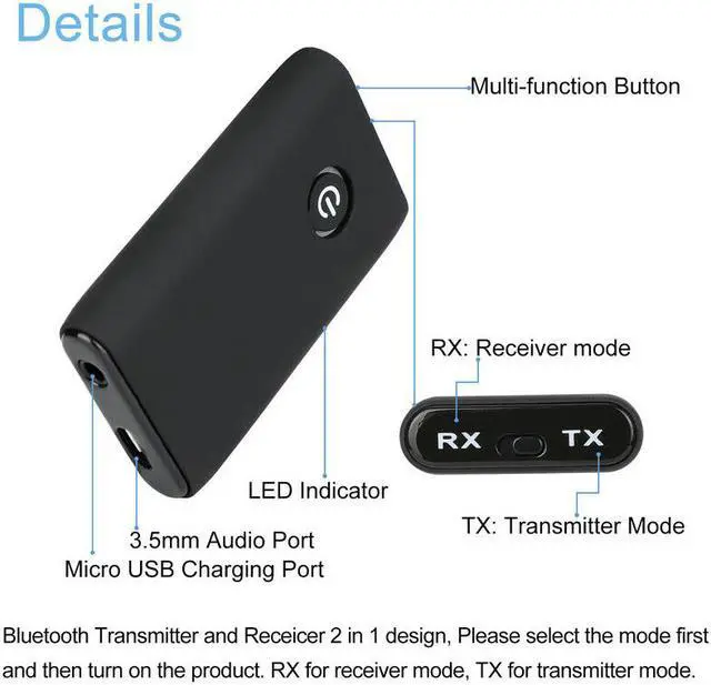 Alt view image 6 of 7 - Bluetooth 5.0 Transmitter Receiver 2 IN 1 Wireless Audio 3.5mm Jack Aux Adapter