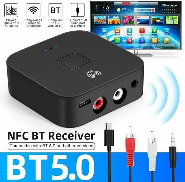 Alt view image 5 of 7 - Bluetooth 5.0 Receiver Wireless 3.5mm Jack AUX NFC to 2 RCA Audio Stereo Adapter