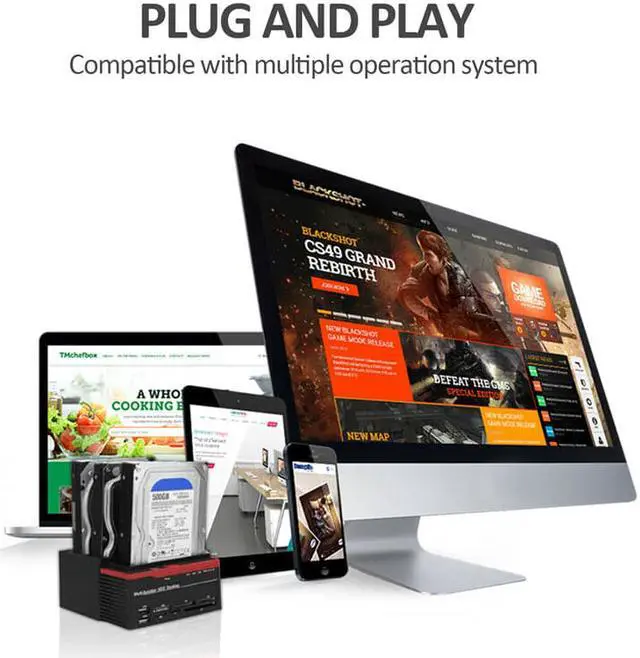 Alt view image 5 of 7 - HDD Docking Station IDE SATA Dual USB 3.0 Clone Hard Drive Card Reader 3-Bay