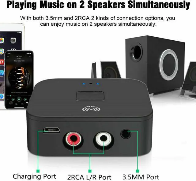 Alt view image 5 of 6 - Bluetooth 5.0 Receiver Wireless 3.5mm Jack AUX NFC to 2 RCA Audio Stereo Adapter