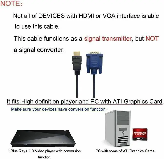 Alt view image 5 of 7 - HDMI Gold Male to VGA 15 Pin 6FT Video Adapter Cable For HDTV DVD BOX Computers