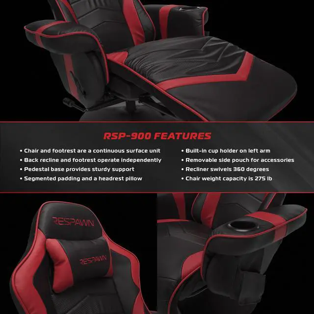 Alt view image 3 of 13 - RESPAWN-900 Racing Style Gaming Recliner, Reclining Gaming Chair, in Red (RSP-900-RED)