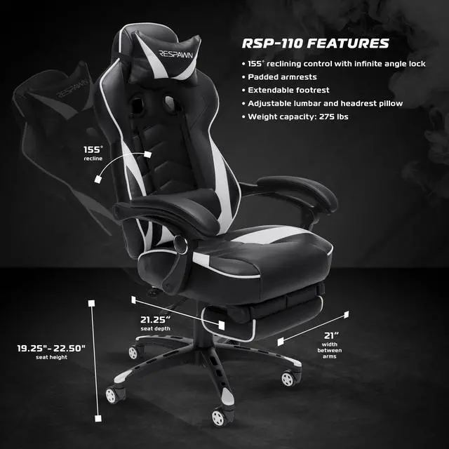 Alt view image 2 of 6 - RESPAWN 110 Racing Style Gaming Chair, Reclining Ergonomic Leather Chair with Footrest, in White (RSP-110-WHT)
