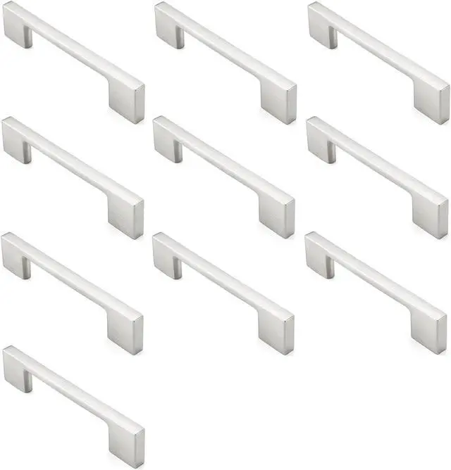 Alt view image 3 of 7 - Cauldham 10 Pack Solid Kitchen Cabinet Pulls Handles (3-5/8" Hole Centers) - Modern Thin Profile Drawer/Door Hardware - Style M255 - Satin Nickel