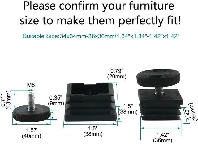 Alt view image 2 of 7 - Table Leveling Feet 38 x 38mm Square Tube Insert Adjustable Leveler 8 Sets