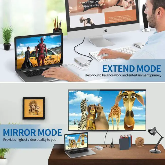 Alt view image 6 of 7 - Type-C to HDMI + VGA + DVI + DP Video HUB for Dual Display, 4 in 1 USB-C HUB, Thunderbolt 3 Compatible, Support 4K UHD Video Output for New MacBook, ChromeBook connected TV, Monitor and Projector.