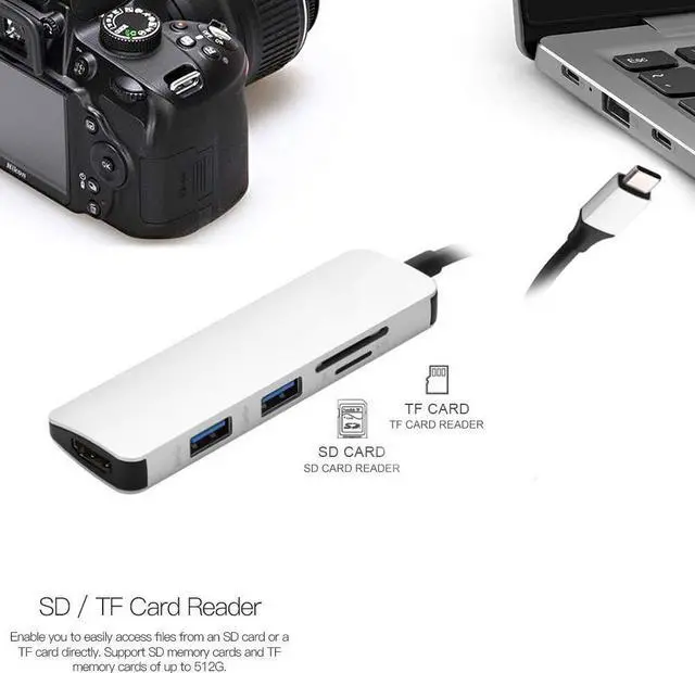 Alt view image 6 of 7 - 5 in 1 Type-C to HDMI Adapter USB 3.0 HUB 4K HD Video Converter SD / TF Card Reader, 5in1 USB-C to 4K HDMI 2 USB3.0 SD/TF Card Reader HUB, Type-C Dock with HDMI USB SD TF.