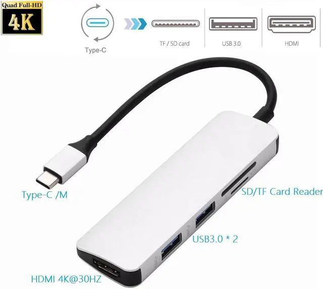 Main image of 5 in 1 Type-C to HDMI Adapter USB 3.0 HUB 4K HD Video Converter SD / TF Card Reader, 5in1 USB-C to 4K HDMI 2 USB3.0 SD/TF Card Reader HUB, Type-C Dock with HDMI USB SD TF.