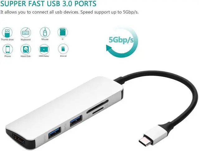 Alt view image 3 of 7 - 5 in 1 Type-C to HDMI Adapter USB 3.0 HUB 4K HD Video Converter SD / TF Card Reader, 5in1 USB-C to 4K HDMI 2 USB3.0 SD/TF Card Reader HUB, Type-C Dock with HDMI USB SD TF.