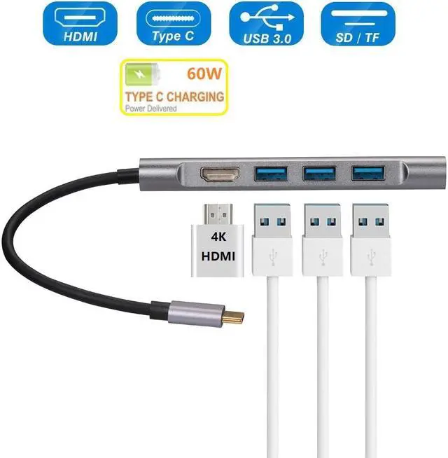 Alt view image 2 of 7 - 7-in-1 Type-C to HDMI 4K Adapter with 100W PD Charging Port SD/TF Card Reader 3 x USB3.0 HUB, 7in1 USB-C to 4K HDMI PD 3 x USB 3.0 SD/TF Card Reader Dock, USB C HUB with HDMI PD USB SD TF Port.