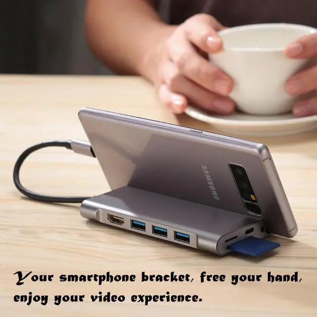 Alt view image 5 of 7 - 7-in-1 Type-C to HDMI 4K Adapter with 100W PD Charging Port SD/TF Card Reader 3 x USB3.0 HUB, 7in1 USB-C to 4K HDMI PD 3 x USB 3.0 SD/TF Card Reader Dock, USB C HUB with HDMI PD USB SD TF Port.