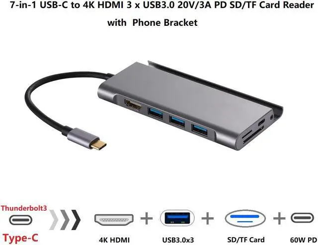 Alt view image 3 of 7 - 7-in-1 Type-C to HDMI 4K Adapter with 100W PD Charging Port SD/TF Card Reader 3 x USB3.0 HUB, 7in1 USB-C to 4K HDMI PD 3 x USB 3.0 SD/TF Card Reader Dock, USB C HUB with HDMI PD USB SD TF Port.