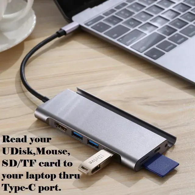 Alt view image 6 of 7 - 7-in-1 Type-C to HDMI 4K Adapter with 100W PD Charging Port SD/TF Card Reader 3 x USB3.0 HUB, 7in1 USB-C to 4K HDMI PD 3 x USB 3.0 SD/TF Card Reader Dock, USB C HUB with HDMI PD USB SD TF Port.