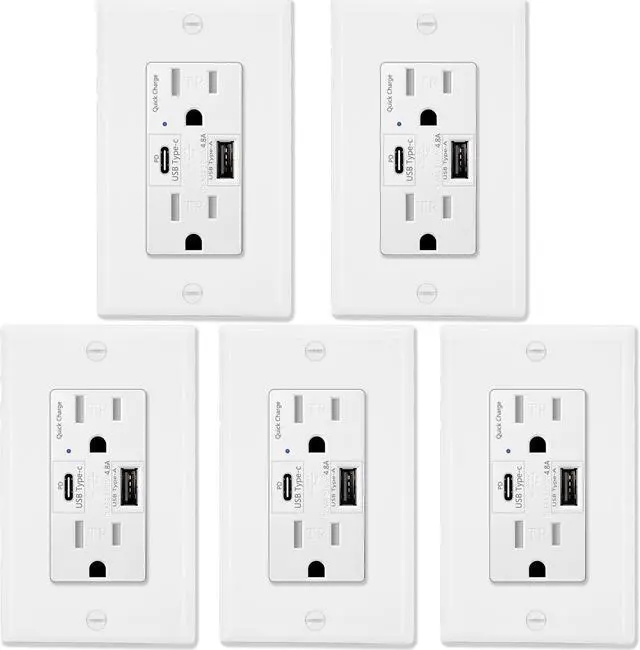 Main image of GREENCYCLE 4.8A Quick Charge USB Outlets Receptacles, 15 Amp Type C Supports PD & QC 3.0 USB C Wall Outlet UL Listed, 5 Pack