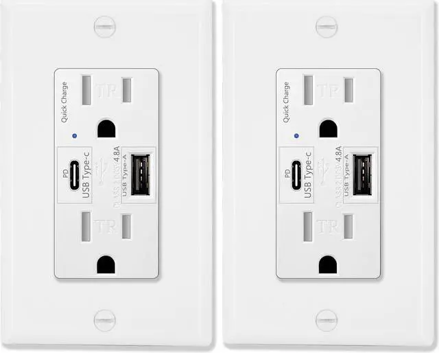 Main image of GREENCYCLE 4.8A Quick Charge USB Outlets Receptacles, 15 Amp Type C Supports PD & QC 3.0 USB C Wall Outlet UL Listed, 2 Pack