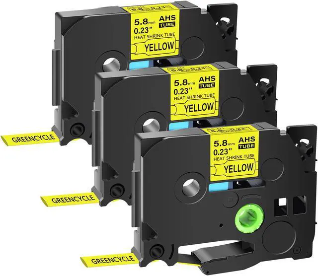 Main image of GREENCYCLE 3 Pack Compatible for Brother P-touch HSe-611 HSe611 HS-611 HS611 5.8mm 0.23'' x 1.5m Black on Yellow Heat Shrink Tubes for Wires Cables