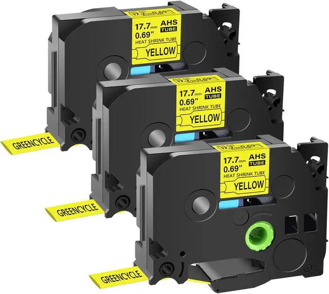 Main image of GREENCYCLE 3 Pack Compatible for Brother P-touch HSe-641 HSe641 HS-641 HS641 17.7mm 0.69'' x 1.5m Black on Yellow Heat Shrink Tubes for Wires Cables