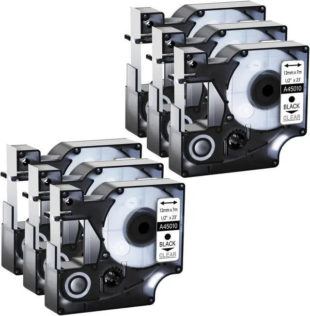 Main image of GREENCYCLE 6 Pack Compatible for DYMO D1 Label Maker Refill 45010 S0720500 Black on Clear, 1/2 Inch x 23 Ft for DYMO LabelManager 160 280 210D 360D 420P Wireless PnP 220P 260P 500TS 450DUO