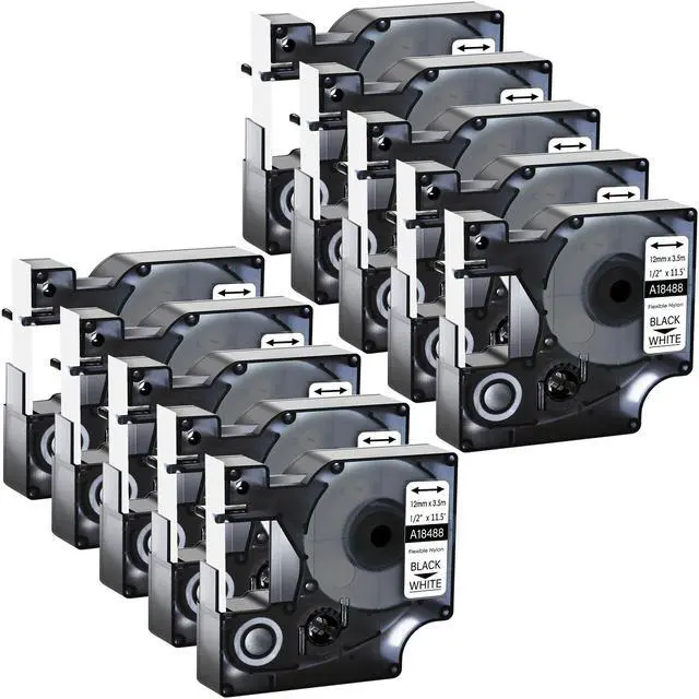 Main image of GREENCYCLE 10PK Industrial Flexible Nylon Label for Dymo 18488 Black on White 1/2"x11.5ft Rhino 1000 3000 4200 5000 5200 6000 Printer