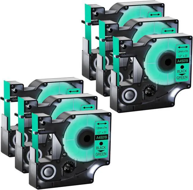 Main image of GREENCYCLE 6 Pack Compatible for DYMO D1 Label Maker Refill 45019 S0720590 Black on Green, 1/2 Inch x 23 Ft for DYMO LabelManager 160 280 210D 360D 420P Wireless PnP 220P 260P 500TS 450DUO