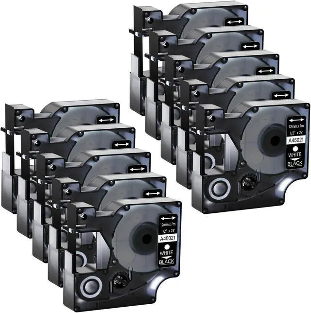 Main image of GREENCYCLE 10 Pack Compatible for DYMO D1 Label Maker Refill 45021 S0720610 White on Black, 1/2 Inch x 23 Ft for DYMO LabelManager 160 280 210D 360D 420P Wireless PnP 220P 260P 500TS 450DUO