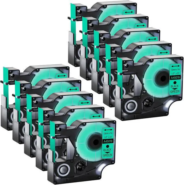 Main image of GREENCYCLE 10 Pack Compatible for DYMO D1 Label Maker Refill 45019 S0720590 Black on Green, 1/2 Inch x 23 Ft for DYMO LabelManager 160 280 210D 360D 420P Wireless PnP 220P 260P 500TS 450DUO
