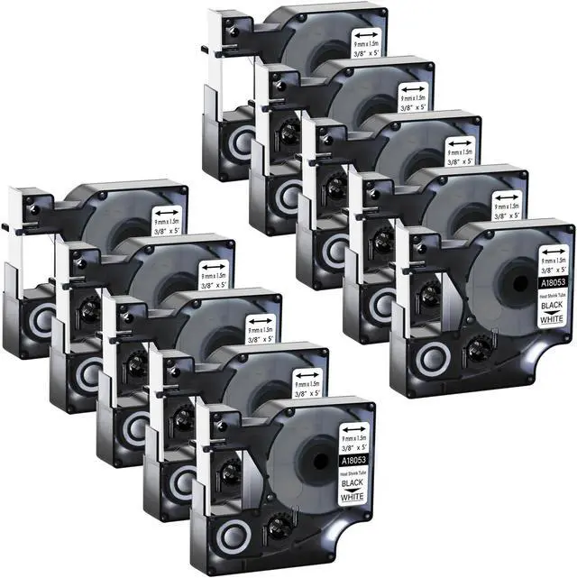 Main image of GREENCYCLE 10PK Industrial Rhino Heat Shrink Tubes Compatible for Dymo 18053 Black on White Cable Label Tape (9mmx1.5m,3/8''x5ft) use in DYMO Rhino 1000 3000 4200 5000 5200 6000 Label Maker